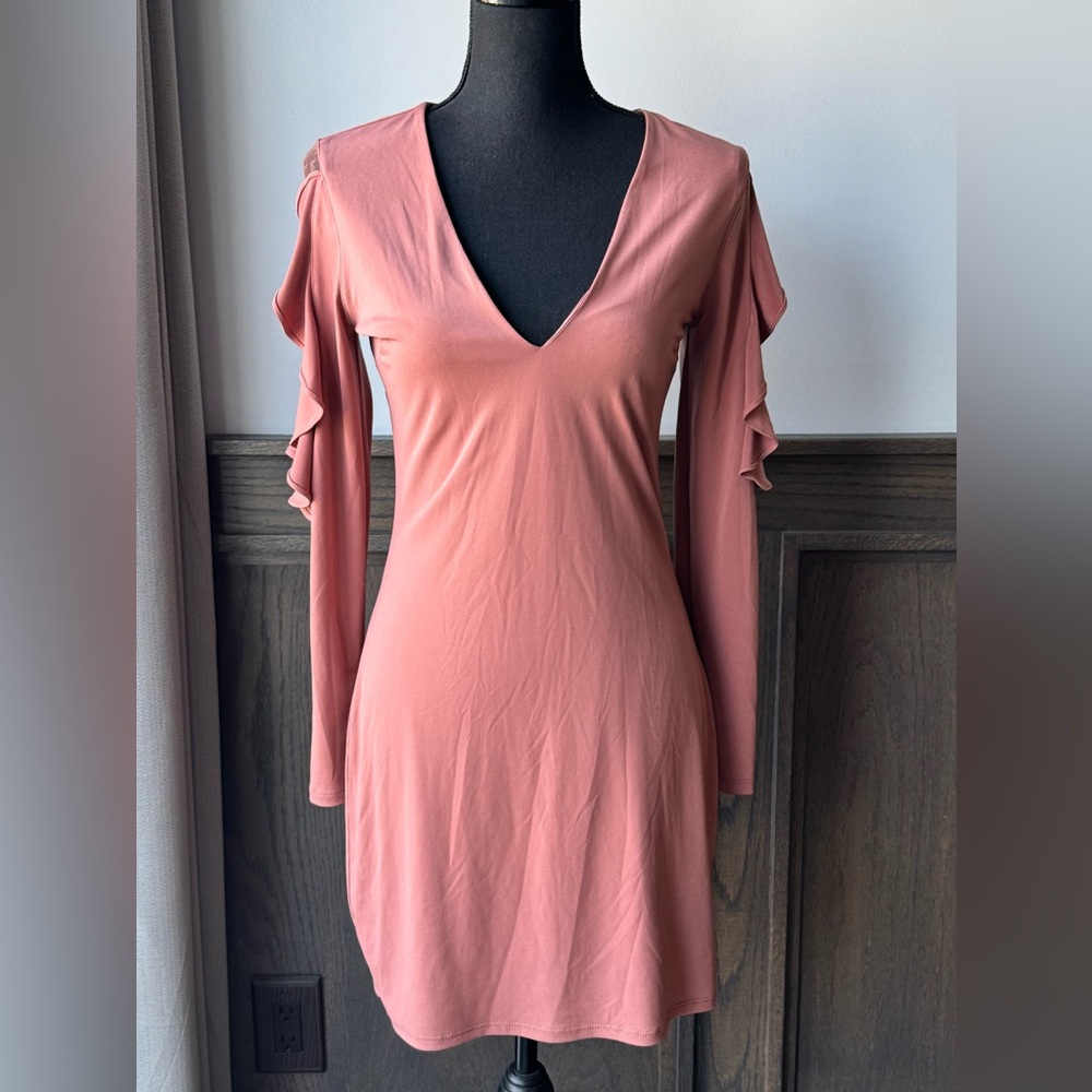 Express Long ruffle Sleeve Dusty Rose v neck bodycon Dress small - Picture 1 of 8